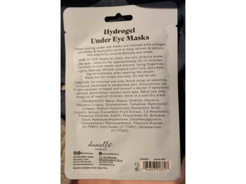 Danielle Hydrating Hydrogel Under Eye Mask, Collagen, Cucumber & Hyaluronic Acid, 0.1 oz/2.7 g, 2 Pairs