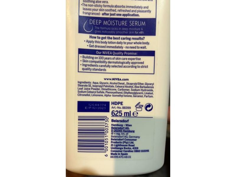 Nivea Deep Moisture Serum Body Lotion, Aloe & Hydration, 625 mL