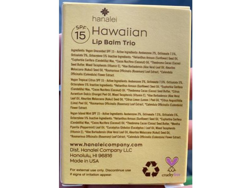 Hanalei Hawaiin Lip Balm Trio, Vegan, SPF 15, 0.15 oz/4.25 g