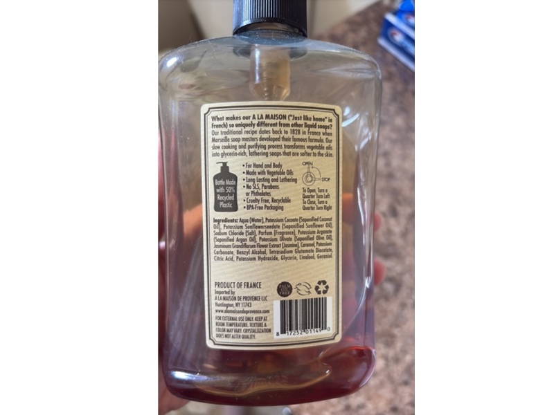 A La Maison De Provence Plumeria Hand & Body Liquid Soap, Olive & Argan Oils, 16.9 fl oz/500 mL