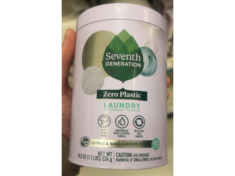 Seventh Generation Laundry Detergent Powder, Zero Plastic, Citrus & Sandalwood Scent, 45 Loads, 18.5 oz/524 g