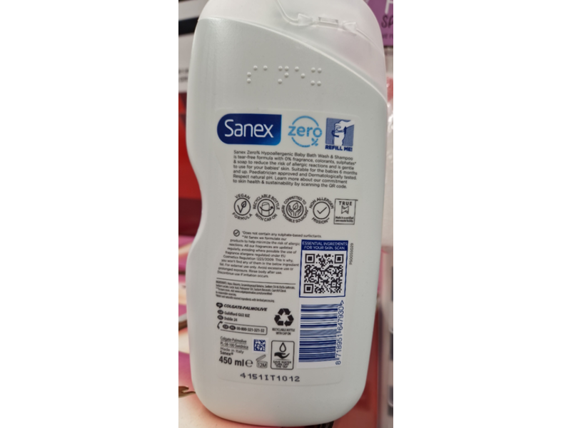 Sanex Zero Baby Bath, Wash & Shampoo, Fragrance Free, 450 mL, Pack Of 6