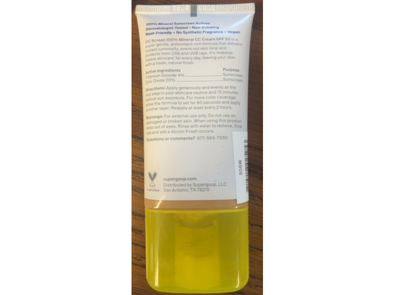 Supergoop! Cc Sunscreen Cream, 306 W, SPF 50 PA++++, 1.6 fl oz/47 mL