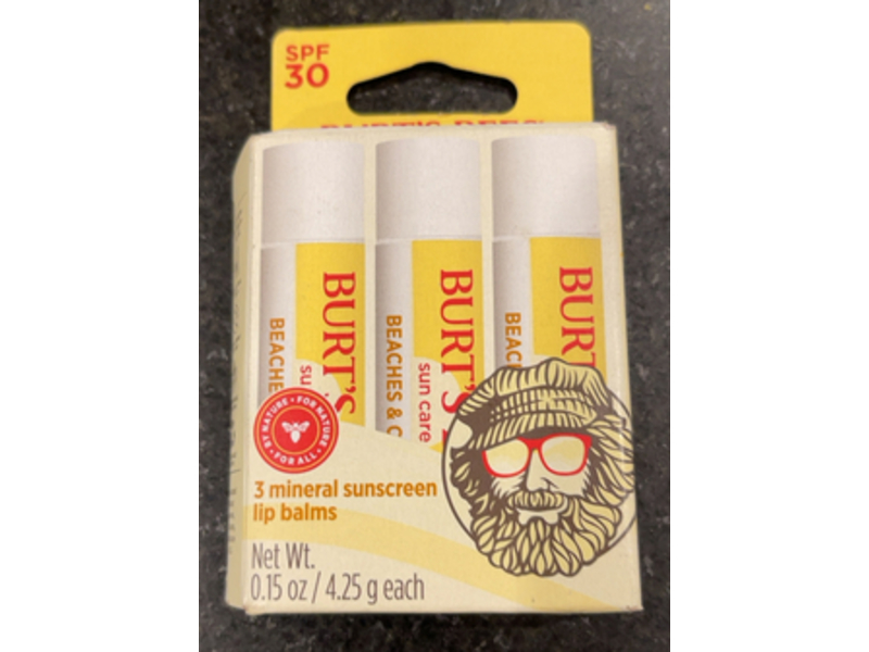 Burt’s Bees Mineral Sunscreen Lip Balm, SPF 30, Beaches & Cream, 0.15 oz/4.25 g, Pack Of 3