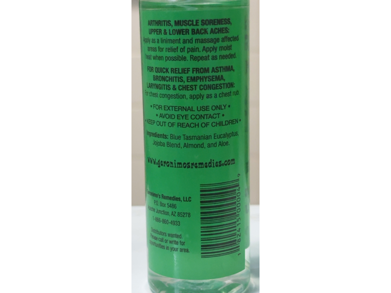 Geronimo's Remedies Pain Relievers Therapeutic Oil Of Eucalyptus, 4 oz/120 mL