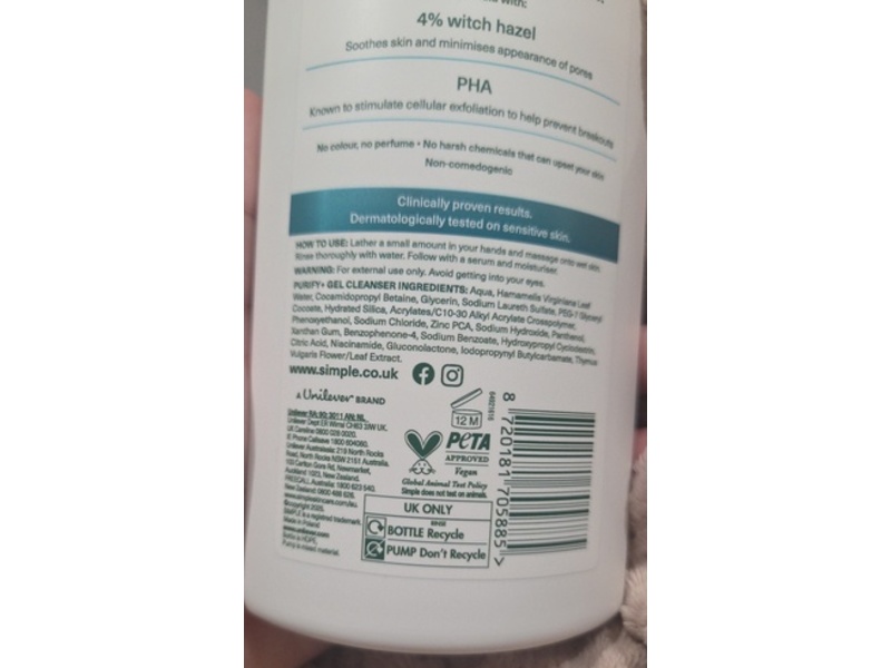 Simple Purify + Gel Cleanser, Witch Hazel + Zinc + PHA, 240 mL