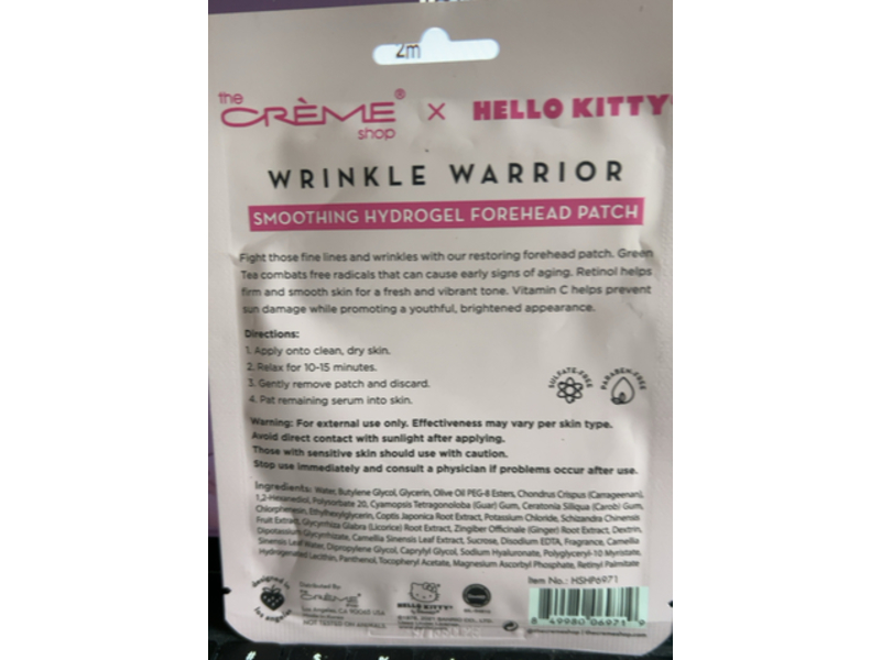 The Creme Shop Hello Kitty Wrinkle Warrior Smoothing Hydrogel Forehead Patch, Green Tea, Retinol & Vitamin C, 0.21 oz/6 g, Pack Of 3