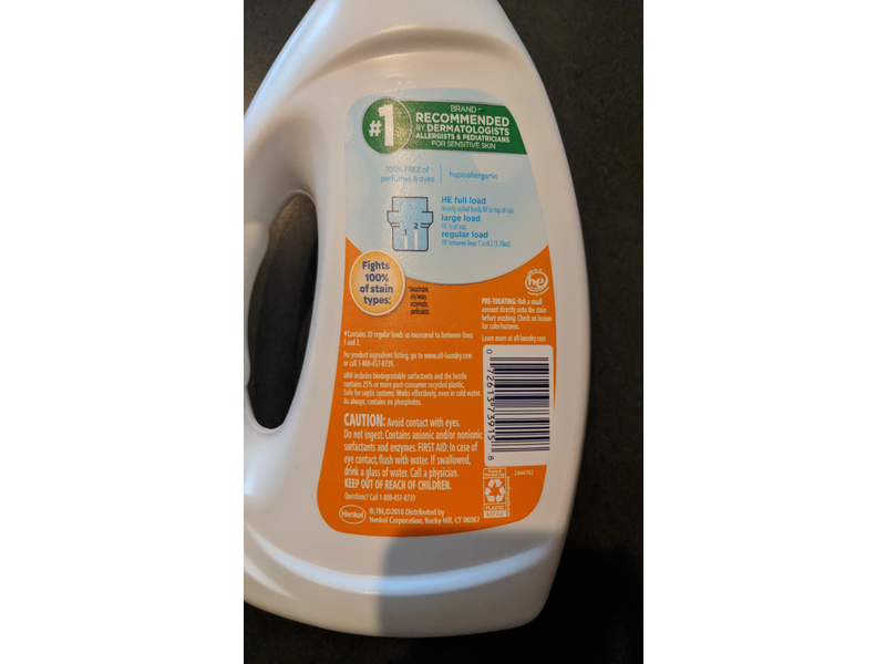 All With Stainlifters Free Clear Oxi Liquid Laundry Detergent, 20 Loads, 36 fl oz/1.06 L