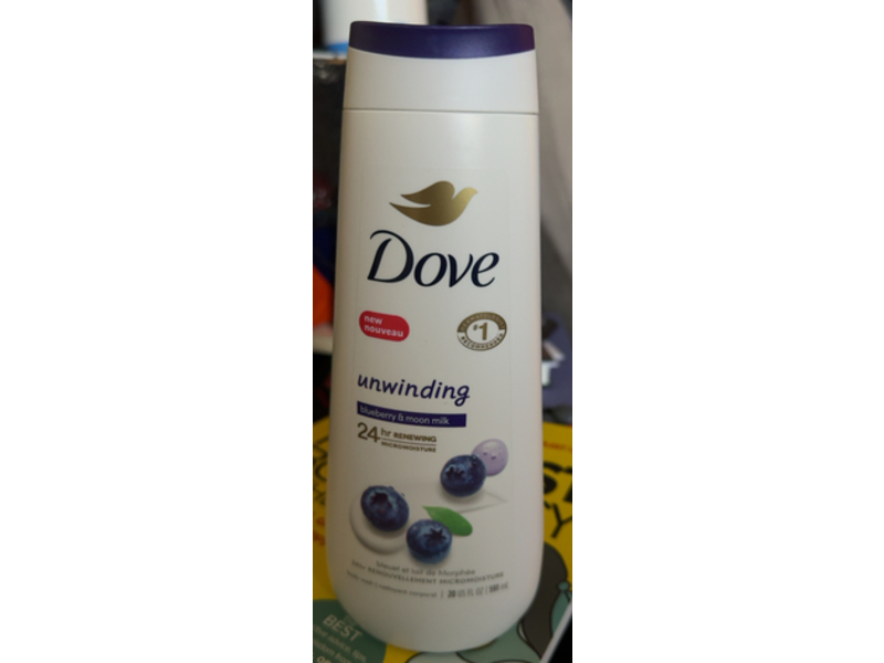 Dove Unwinding Body Wash, Blueberry & Moon Milk, 20 fl oz/591 mL, Pack Of 4