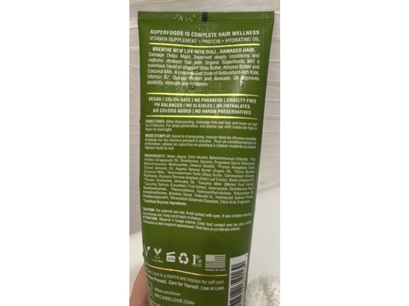 Be Care Love Super Foods Damage Detox Mask Treatment, Kale, 8 fl oz/236 mL