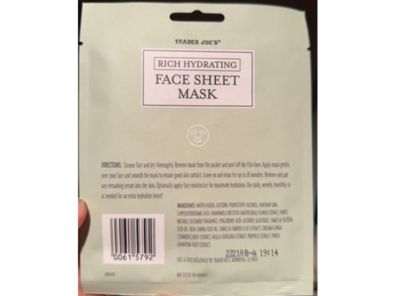 Trader Joe's Face Sheet Mask, Rich Hydrating , 0.67 fl oz/30 mL, Pack Of 3