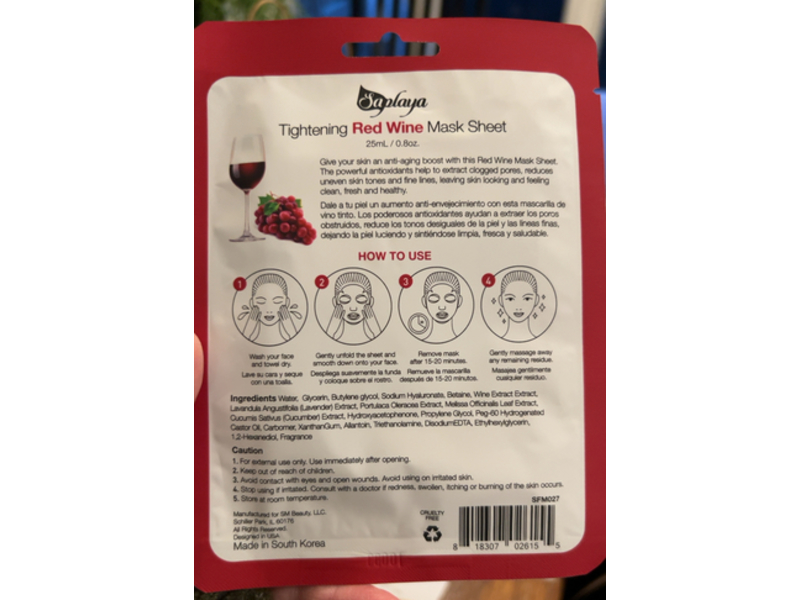 Saplaya K-Beauty Tightening Face Mask, Red Wine, 0.8 oz/25 mL