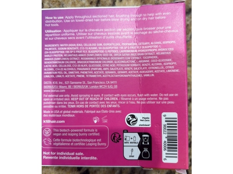 K18 Biomimetic Hair Science Heat Bounce Conditioner Heat Protectant, 0.15 fl oz/15 mL
