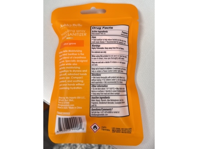 Ashley Belle Moisturizing Hand Sanitizer Spray, Citrus Grove, 1 fl oz/29.5 mL