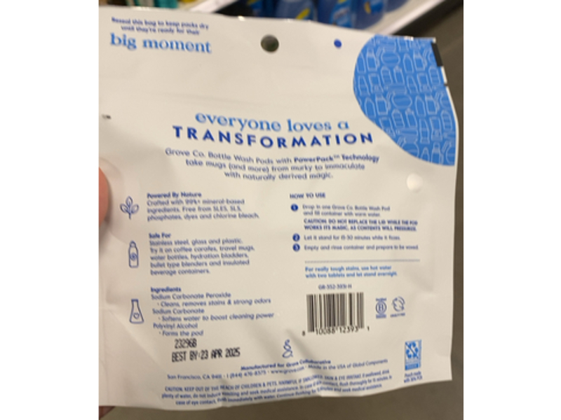 Grove Co. Bottle Wash Pods, Free & Clear, 3.5 oz/100 g, 10 Count