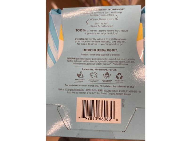 Burt's Bees 3 In 1 Micellar Facial Towelettes, Coconut & Lotus, 10.2 oz/289 g, 60 Count