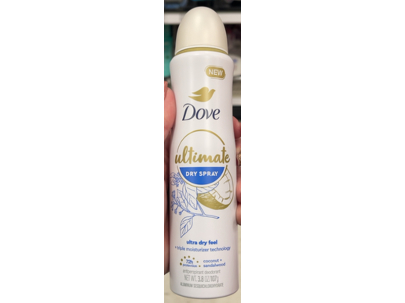 Dove Ultimate Antiperspirant Deodorant Dry Spray, Coconut + Sandalwood, 3.8 oz/107 g, Pack Of 2
