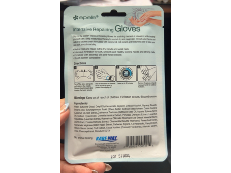 Epielle Intensive Repairing Gloves, Coconut Oil + Milk Extract+ Hyaluronic Acid, 1 Pair, 6 Count