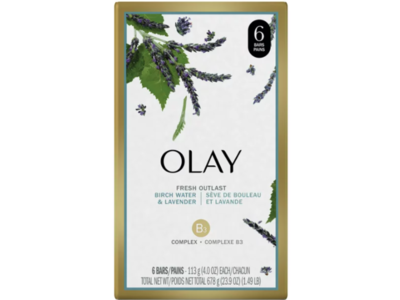 Olay Fresh Outlast Purifying Beauty Bar, Birch Water & Lavender, 4.0 oz/113 g , 6 Count