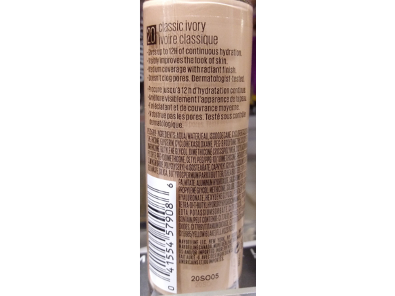 Maybelline New York Dream Radiant Liquid Hydrating Foundation, 20 Classic Ivory, 1 fl oz/30 mL