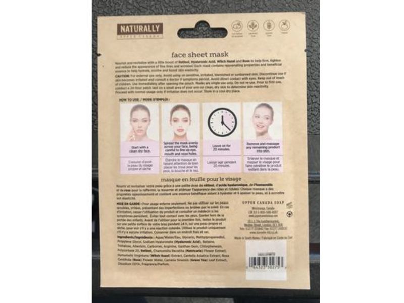 Naturally Upper Canada Smooth & Rejuvenate Face Sheet Mask, Retinol, 0.88 oz/25 g, Pack Of 5