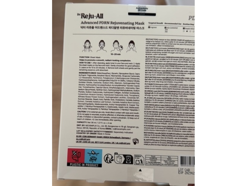 Dr. Reju-All Advanced PDRN Rejuvenating Mask, 1.21 fl oz/36 mL, 4 Count