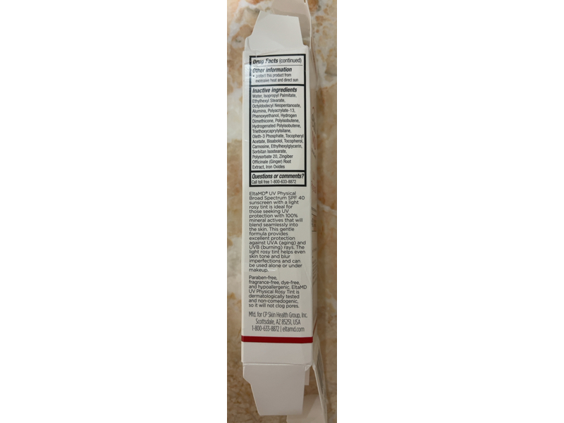 EltaMD UV Physical Face Sunscreen, Rosy Tint, SPF 40, 1.7 oz/48 g