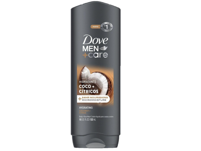 Dove Men+Care Hydrating Body + Face Wash, Coconut + Citrus, 18 fl oz/532 mL, Pack Of 4