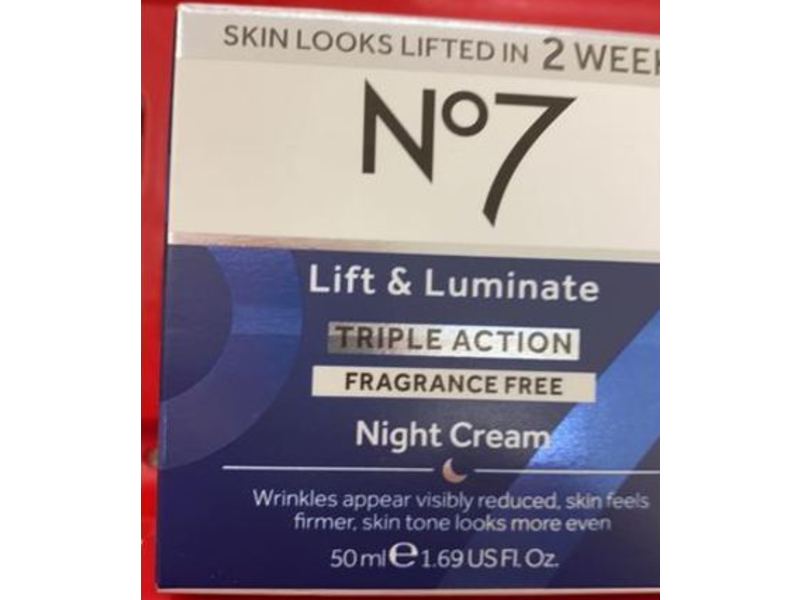 No7 Lift & Luminate Triple Action Night Cream, Fragrance Free, 1.69 fl oz/50 mL