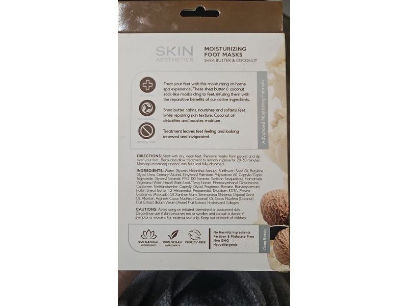 Skin Aesthetics Moisturizing Foot Masks, Shea Butter & Coconut, 2.54 oz/72 g, 3 Pairs
