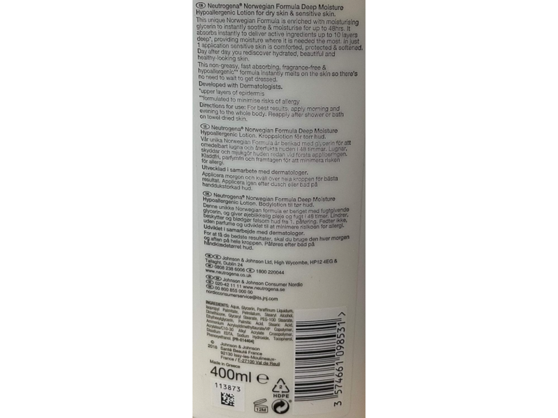 Neutrogena Deep Moisture Hypoallergenic Body Lotion, Fragrance Free, 13.5oz/400 mL, Pack Of 3