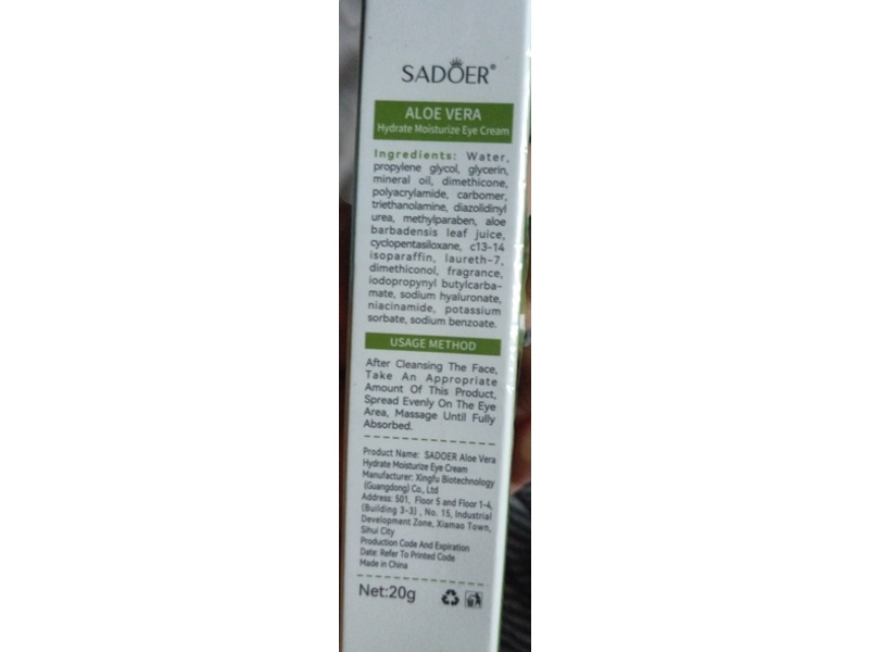 Sadoer Hydrating Moisture Eye Cream, Aloe Vera, 0.7 fl oz/20 g
