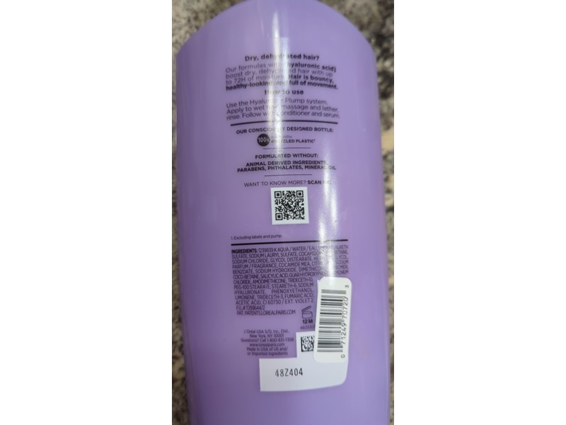 L'Oreal Paris Elvive Hyaluron + Plump Hydrating Shampoo, Hyaluronic Acid, 40 fl oz/1.18 L