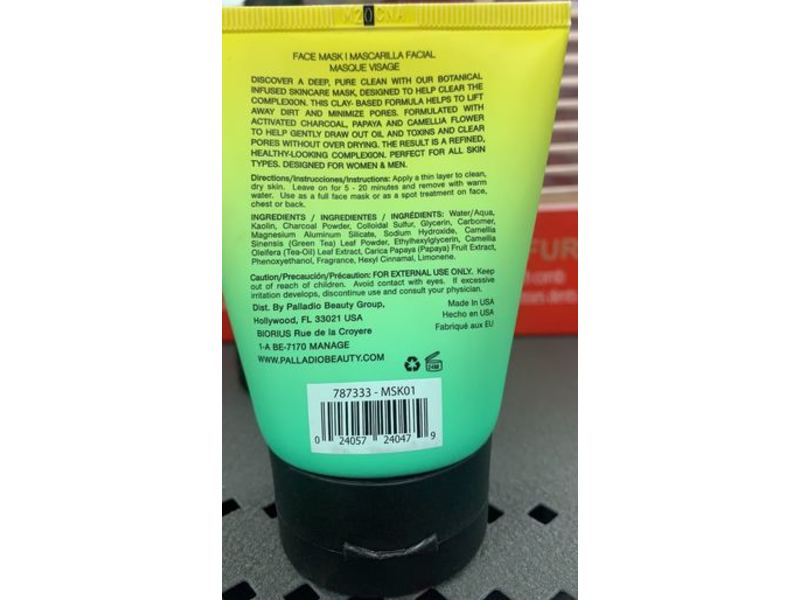 Palladio Calm Clean Pure Charcoal mask, Papaya + Camellia Leaf, 3.5 oz/100 g