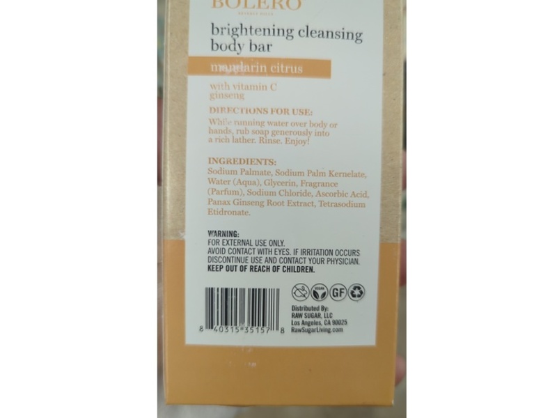 Bolero Beverly Hills Vitamin C Ginseng Brightening Cleansing Body Bar, Mandarin Citrus, 4.5 oz/127.5 g