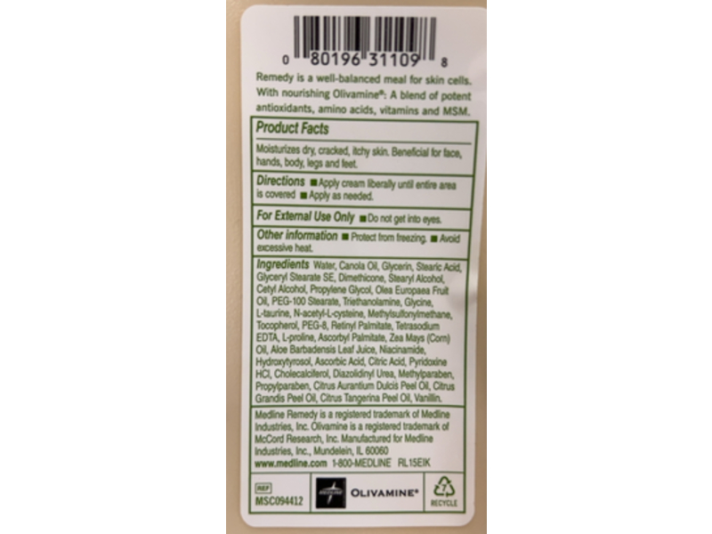 Remedy Everyday Moisturizer Cream, Olivamine, 41 fl oz/1200 mL