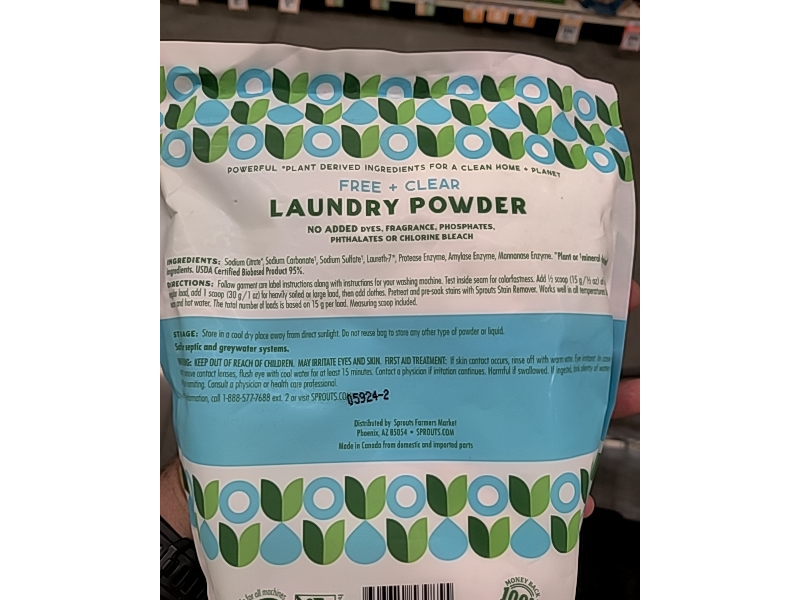 Sprouts Farmers Market Laundry Powder, Free & Clean, 80 Loads, 42.3 oz/1.20 kg