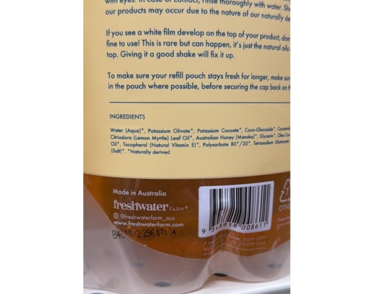 Freshwater Farm Australia Hand Wash Refill, Lemon Myrtle Oil+Manuka Honey, 34 fl oz/1 L