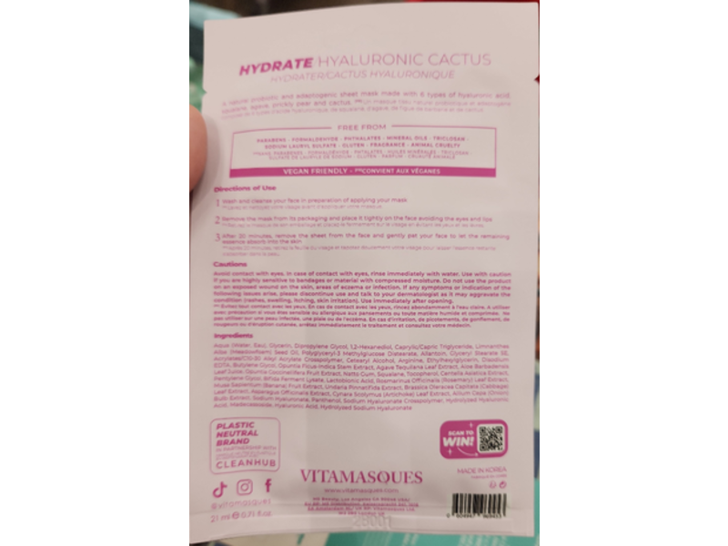 Vitamasques Hydrate Hyaluronic Cactus Sheet Mask, 0.71 fl oz/21 mL