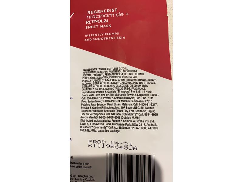 Olay Regenerist Niacinamide + Retinol24 Sheet Mask, 1 Count