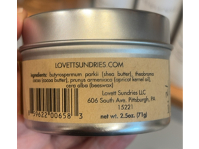 Lovett Sundries Solid Lotion, Shea Butter, Apricot Oil, Cocoa Butter, Beeswax, 2.5 oz/71 g