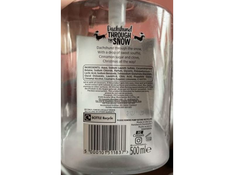 Cussons Dachshund Through The Snow Hand Wash, Cinnamon Sugar & Winter Sparkles, 500 mL