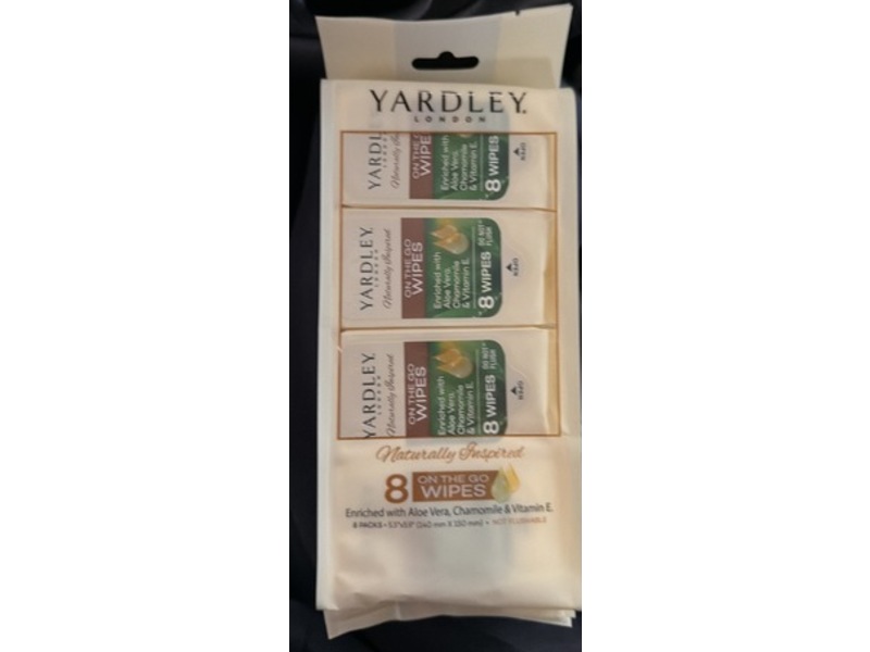 Yardley London On The Go Wipes, Chamomile, Aloe Vera & Vitamin E, 8 Count, Pack Of 8