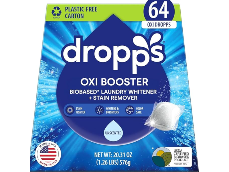 Dropps Oxi Booster Detergent Pods, Unscented, 20.3 oz/576 g, 64 Count