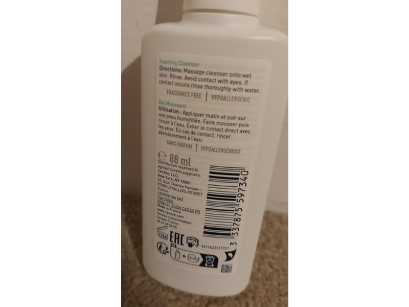 Cerave Foaming Cleanser, Normal To Oily Skin, 3 fl oz/88 mL