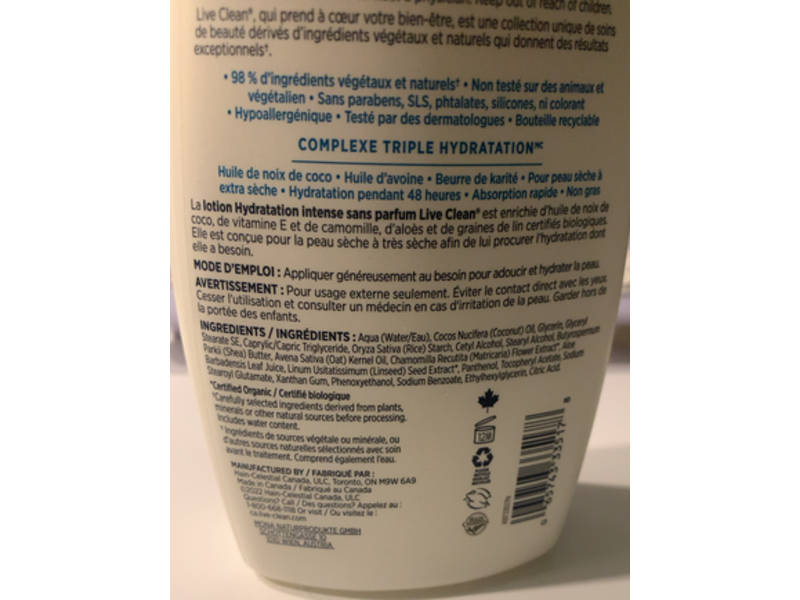 Live Clean Body Lotion, Intense Moisture, 18 fl oz/532 mL