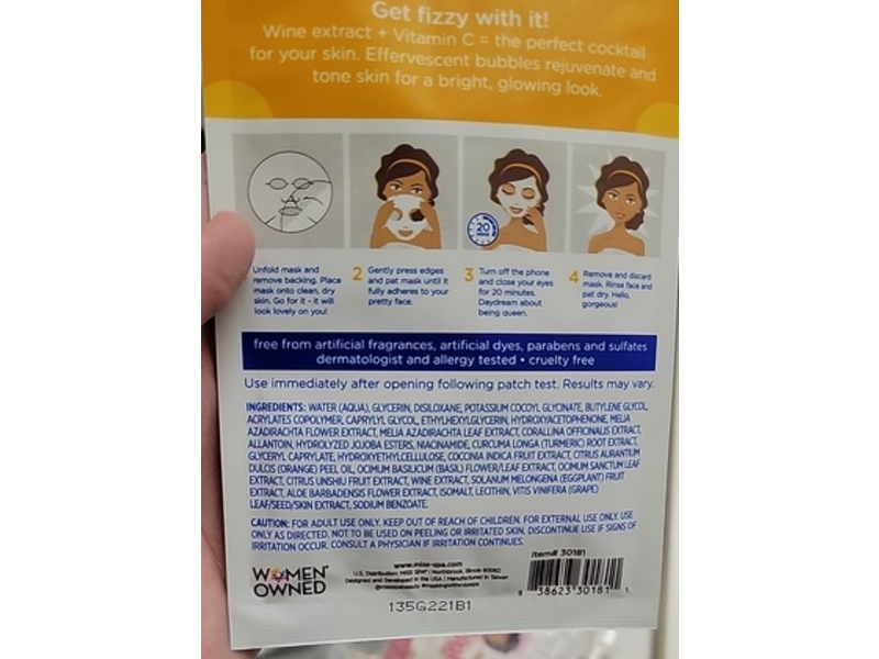 Miss Spa Mimosa Fizz Brightening Bubble Mask, Wine Extract + Vitamin C, 0.81 oz/23 g, Pack Of 4