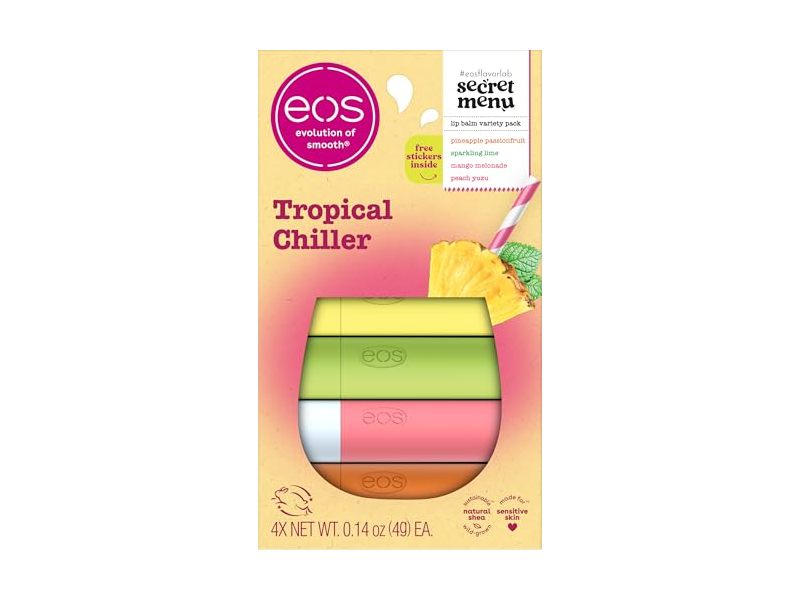 eos Tropical Chiller Lip Balm Variety Pack, Pineapple Passionfruit, Sparkling Lime, Mango Melonade, Peach Yuzu, 0.14 oz/4 g