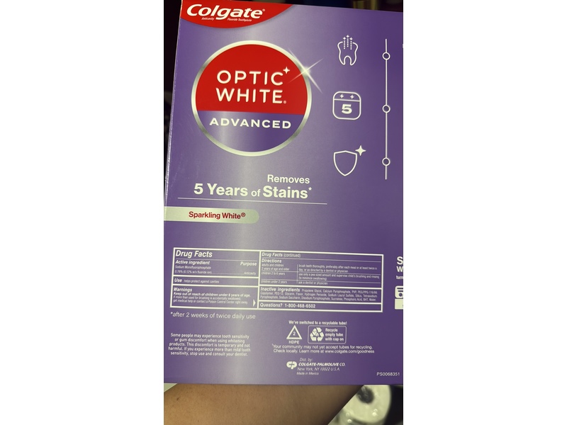 Colgate Optic White Advanced Toothpaste, Sparkling White, 4.2 oz/118 g, Pack Of 5
