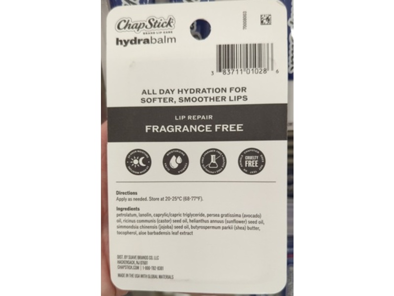 ChapStick Hydrabalm Lip Repair Balm, Fragrance Free, 0.70 fl oz/10 g, Pack Of 2